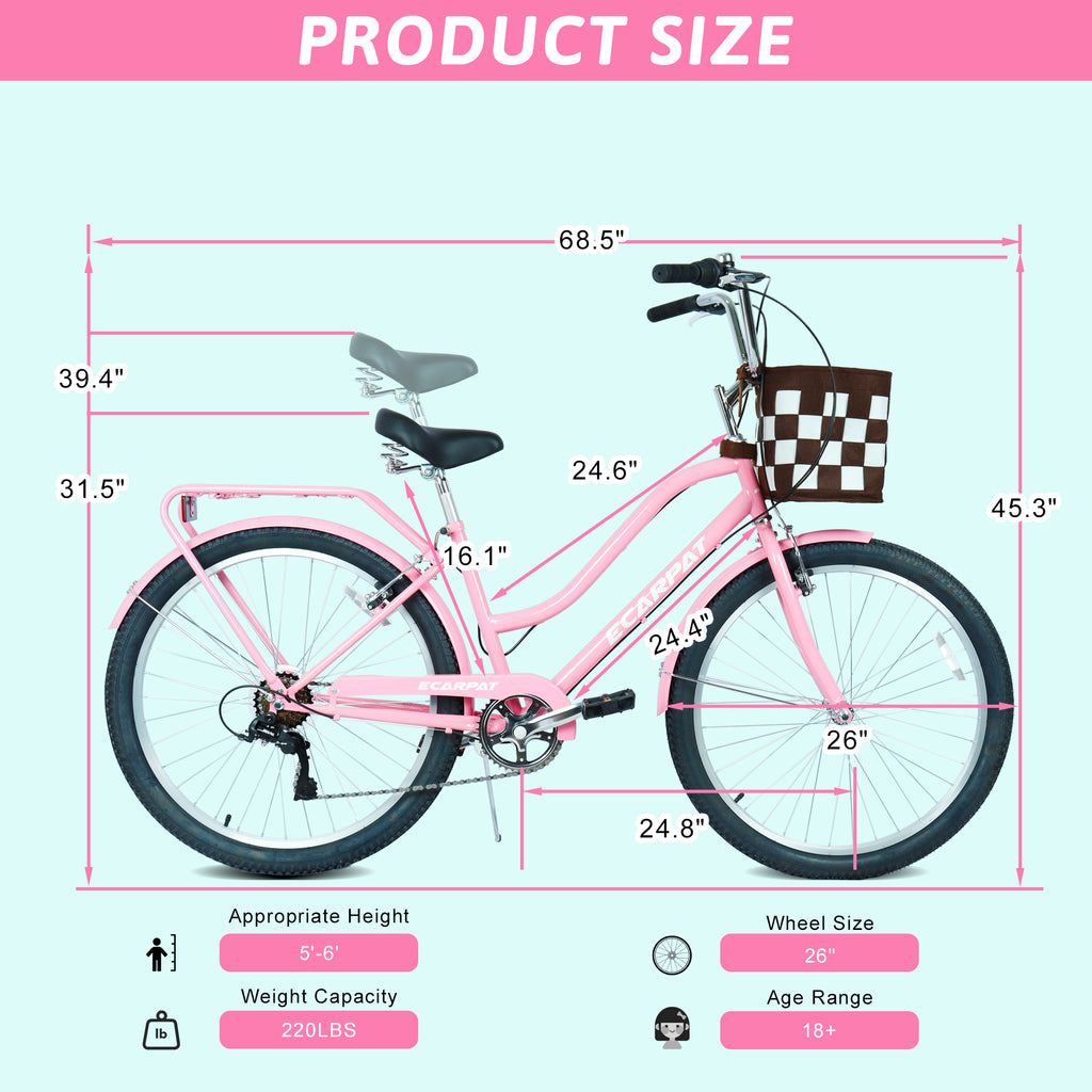 26-Inch 7-Speed City Commuter Bike, Basket & Lock