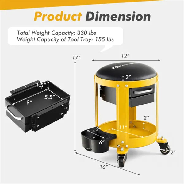 Yellow Rolling Workshop Creeper Seat with Drawers-lymiu