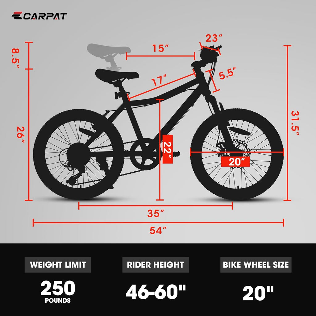 7-Speed Kids MTB 20-Inch Wheel – Front Suspension, Dual Brakes for Kids 6-12