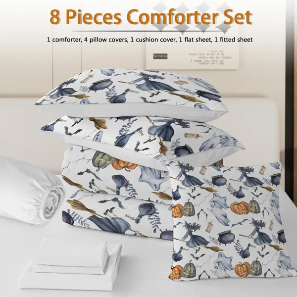 8 Pieces Halloween Witch Pattern Comforter Set Queen Size - LYMIU