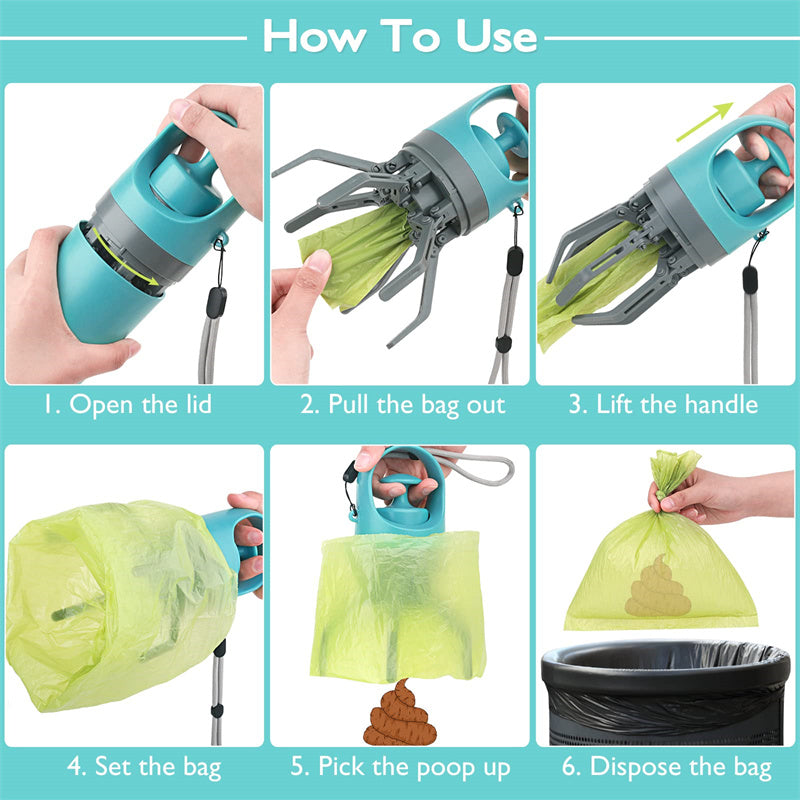 Portable Dog Pooper Scooper with Built-in Bag Dispenser - Eight-Claw Pet Waste Picker