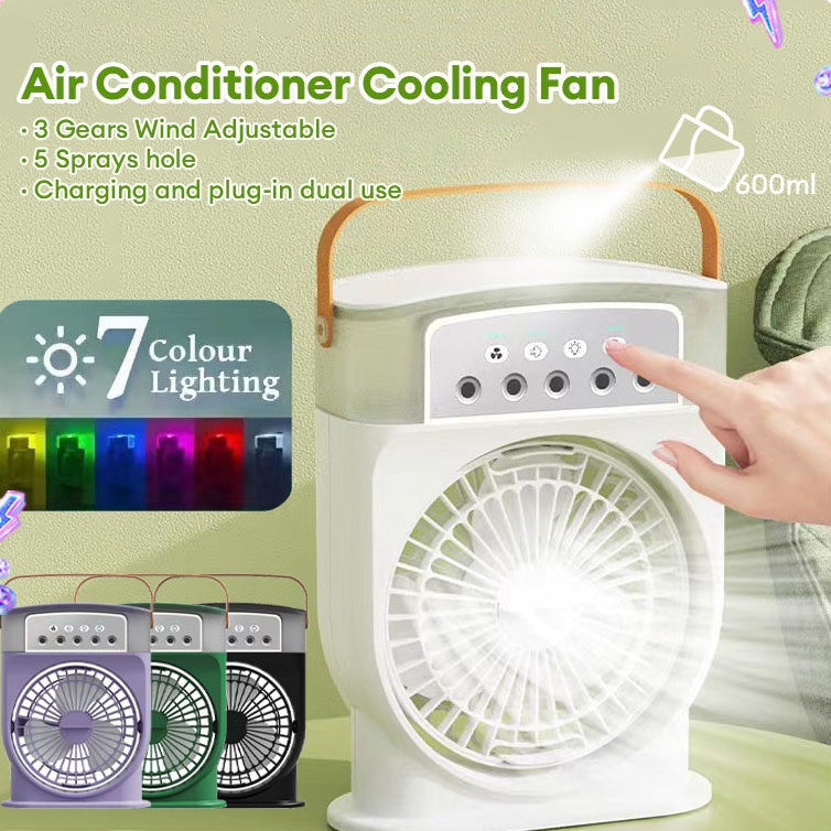 Portable USB Air Conditioner Cooling Fan - 5-Spray Mist Humidifier & 7-Color LED Light