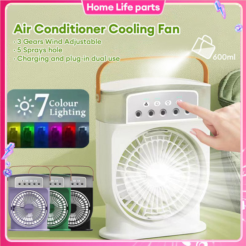 Portable USB Air Conditioner Cooling Fan - 5-Spray Mist Humidifier & 7-Color LED Light