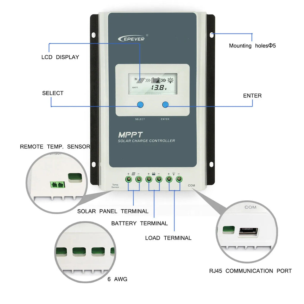 EPever Smart MPPT Solar Battery Regulator - 10A-40A